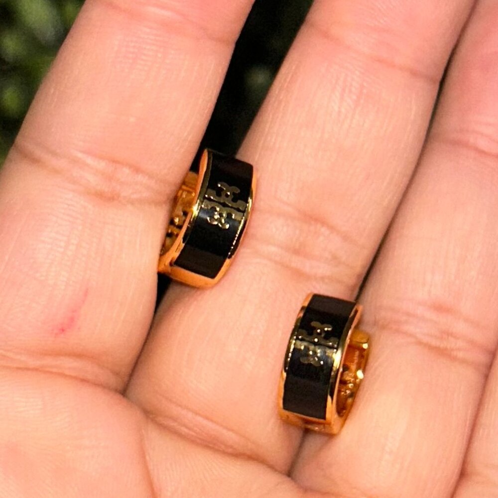 Chic Kira Huggie Earrings: 18k Gold-Plated Brass with Black Enamel -New …